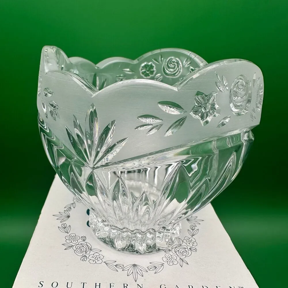 Vtg Oneida Southern Garden Lead Crystal 4” Votive Candle Holder Bowl Scalloped